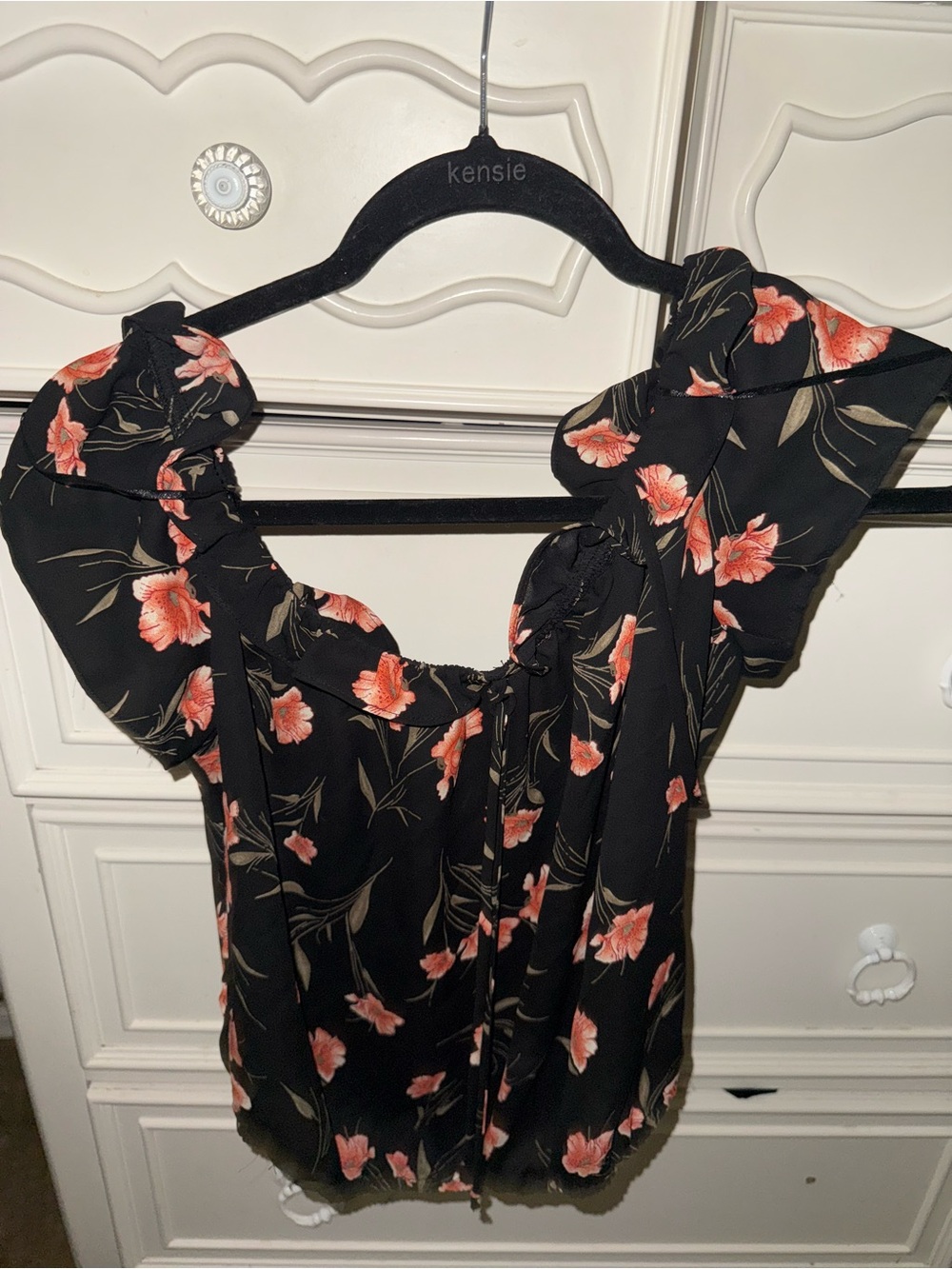Black Floral Ruffle-Sleeve Women's Off the shoulder Shirt